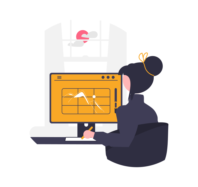drawing of woman working on computer at her desk